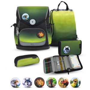 Belmil Premium Compact Plus Schulranzen-Set 5tlg Black Green